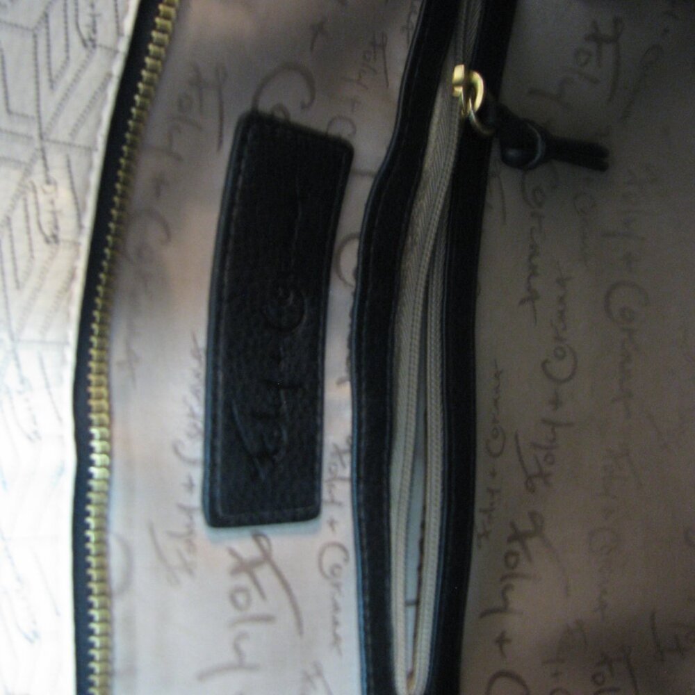 Foley + Corinna Signature Top Handle Faux Leather Zip Pockets White Black Bag - Picture 8 of 9